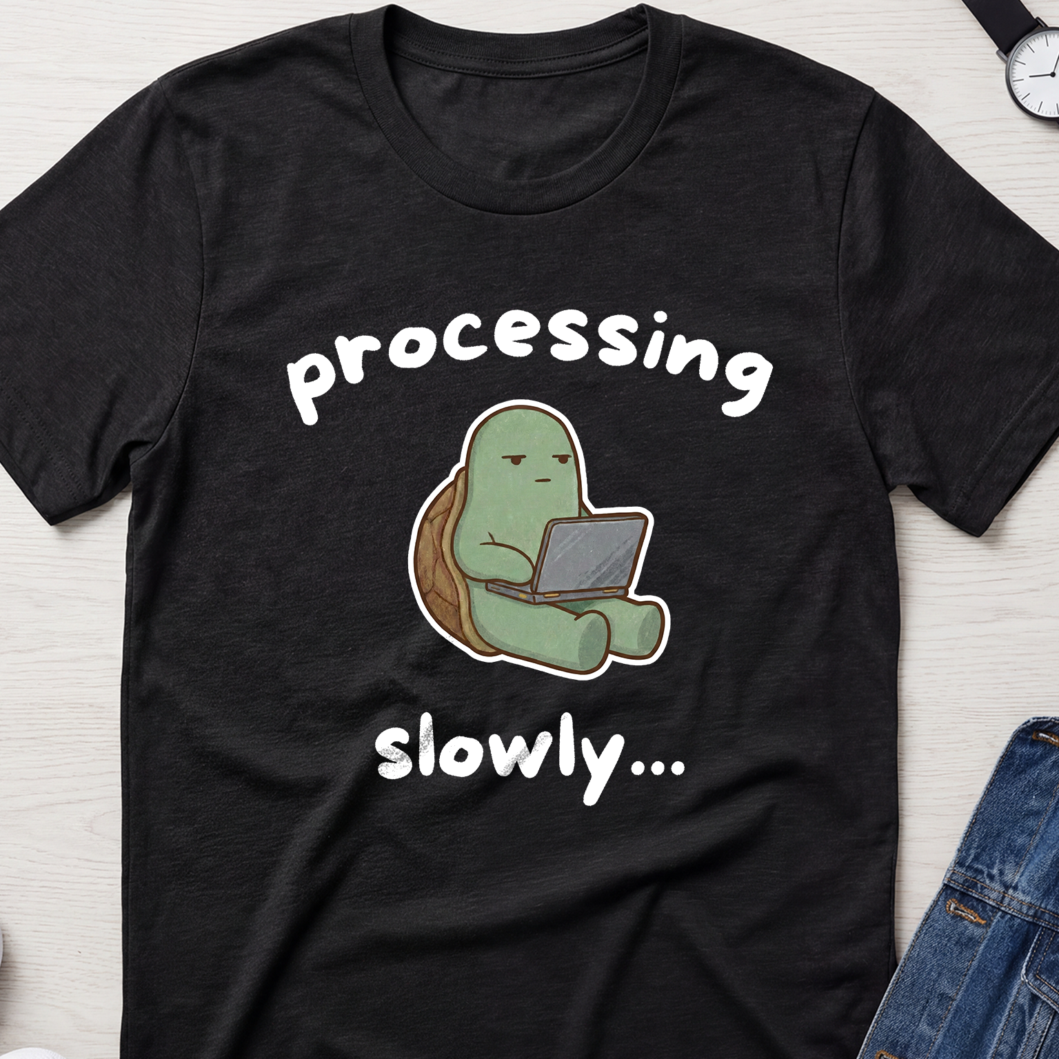 "Processing Slowly" Tech-Tired Turtle T-Shirt