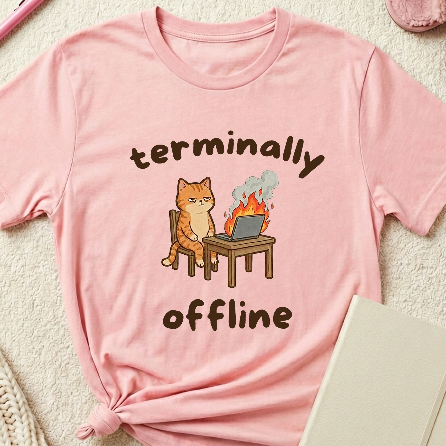 "Terminally Offline" Burnt Out Laptop Cat T-Shirt