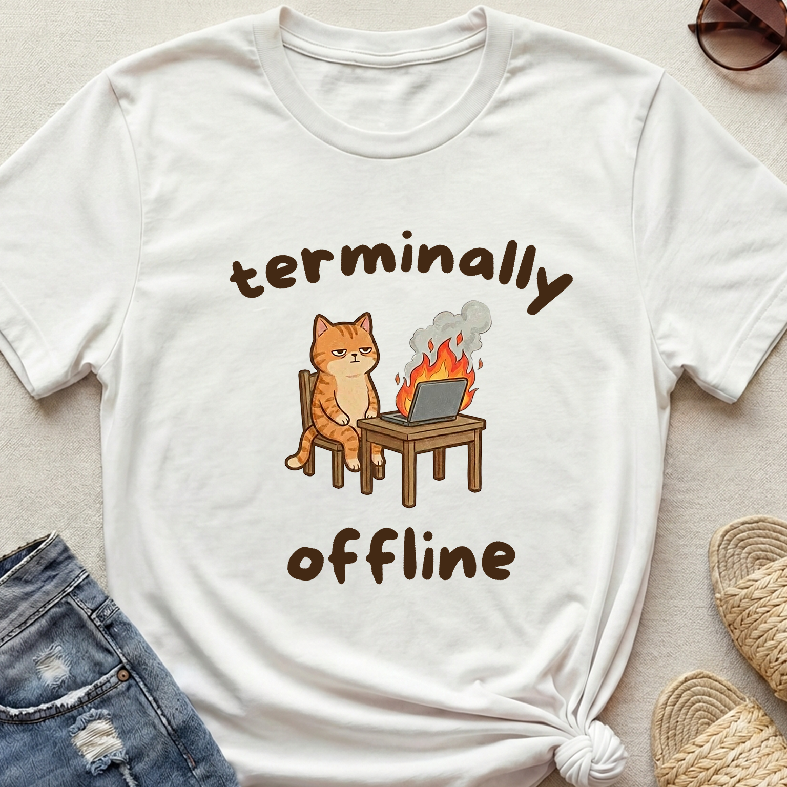 "Terminally Offline" Burnt Out Laptop Cat T-Shirt