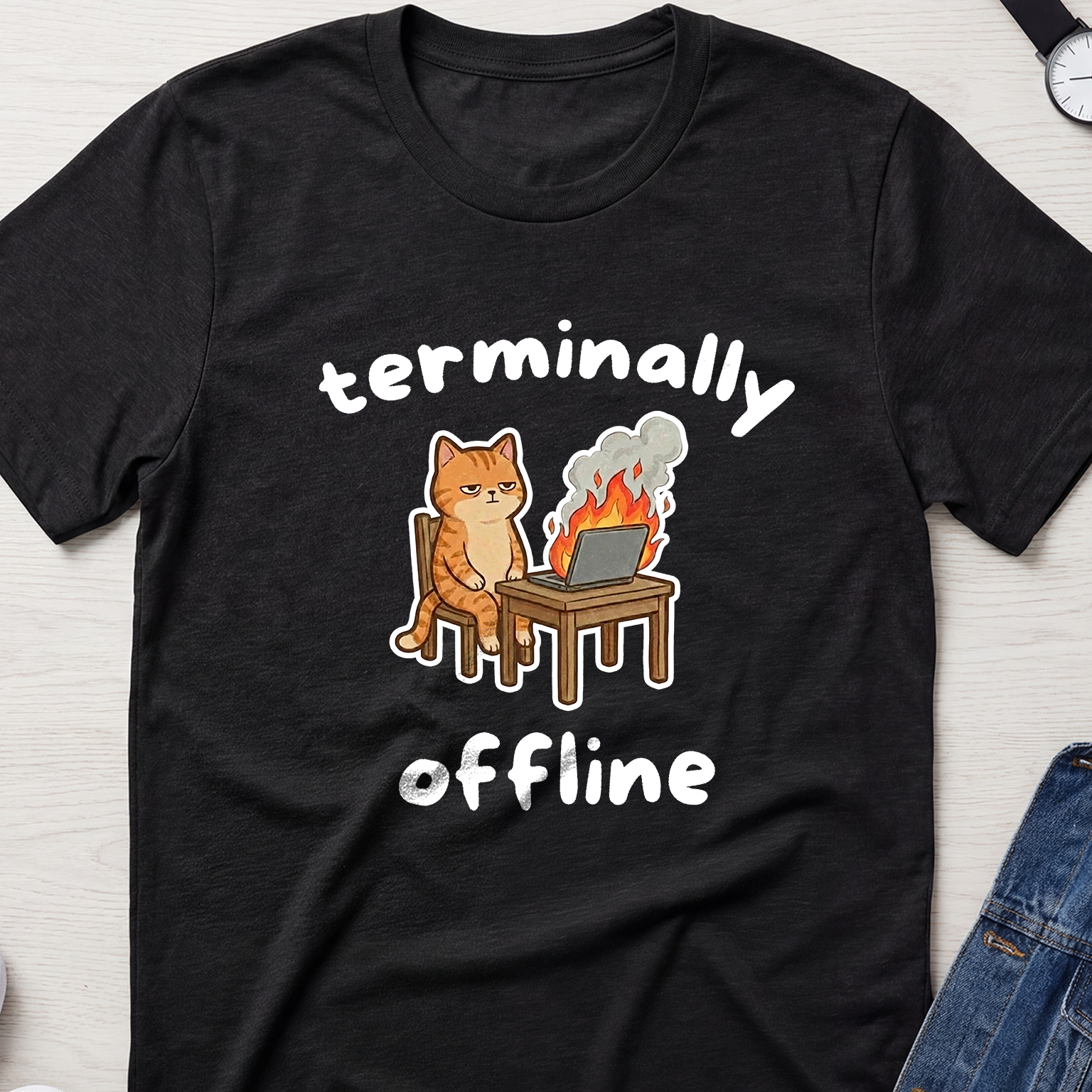 "Terminally Offline" Burnt Out Laptop Cat T-Shirt